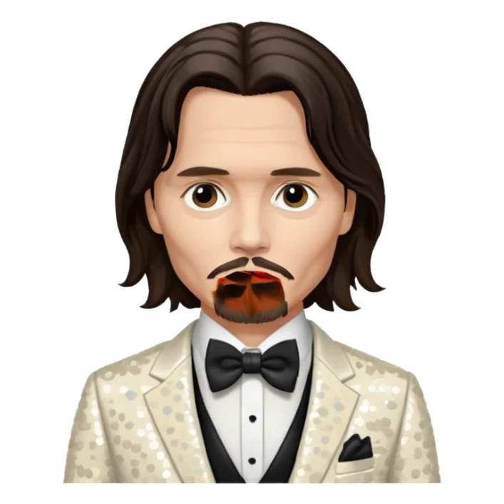 Johnny Depp with long dark brown hair hair, ivory sequin suit with bow tie sticker