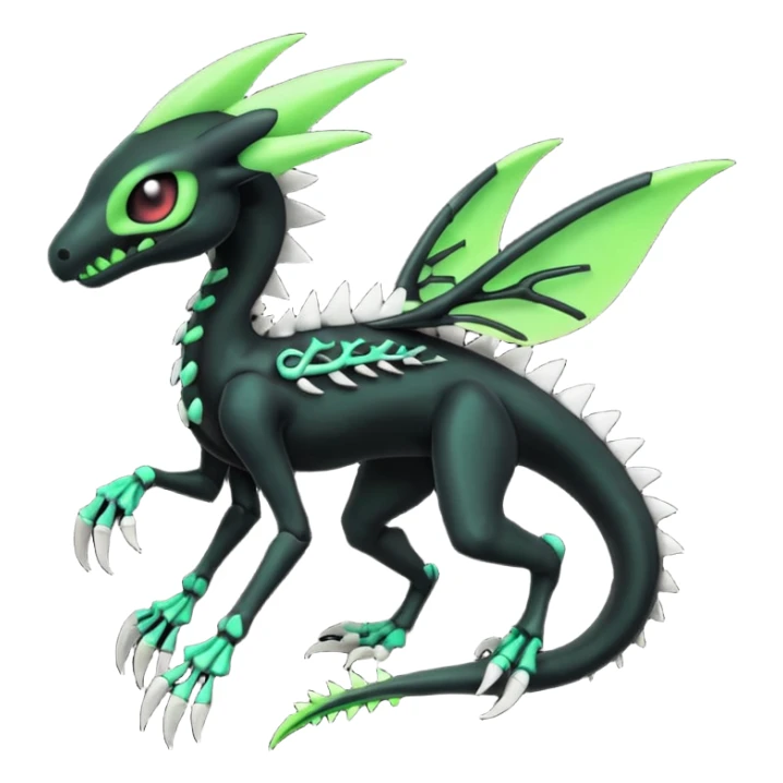 Obsidian-black and neon-glowing-green skeletal Meloetta-Salandit-Gorebyss-Salazzle-Pokémon-Fakémon-creature-fusion-hybrid sticker