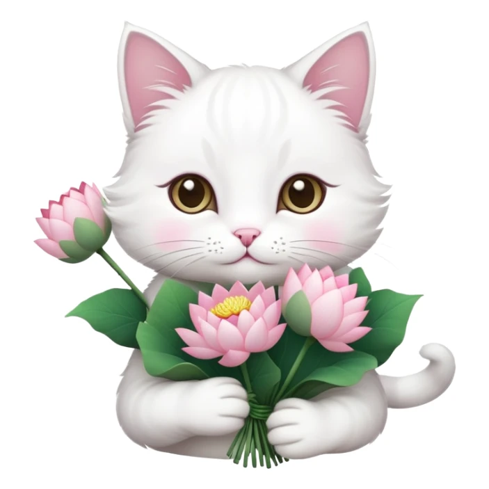 White cat holding a bouquet of lotus flowers sticker