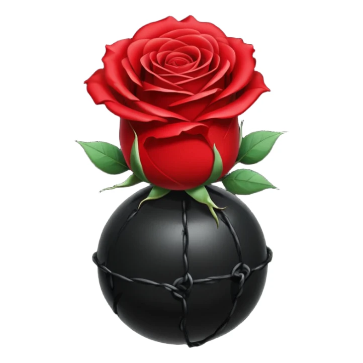 Deep red (#7A0F1E) no gradients, transparent background, high contrast, clean gothic aesthetic, designed to be readable at 128x129px a red rose wrapped around a bomb sticker