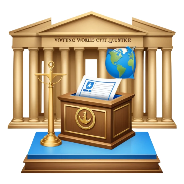 An icon featuring a ballot box with a voting paper, a government building with columns, and a scale of justice, symbolizing political science. The design includes a world map in the background, representing global political systems. Transparent background highlights governance and civic studies. sticker