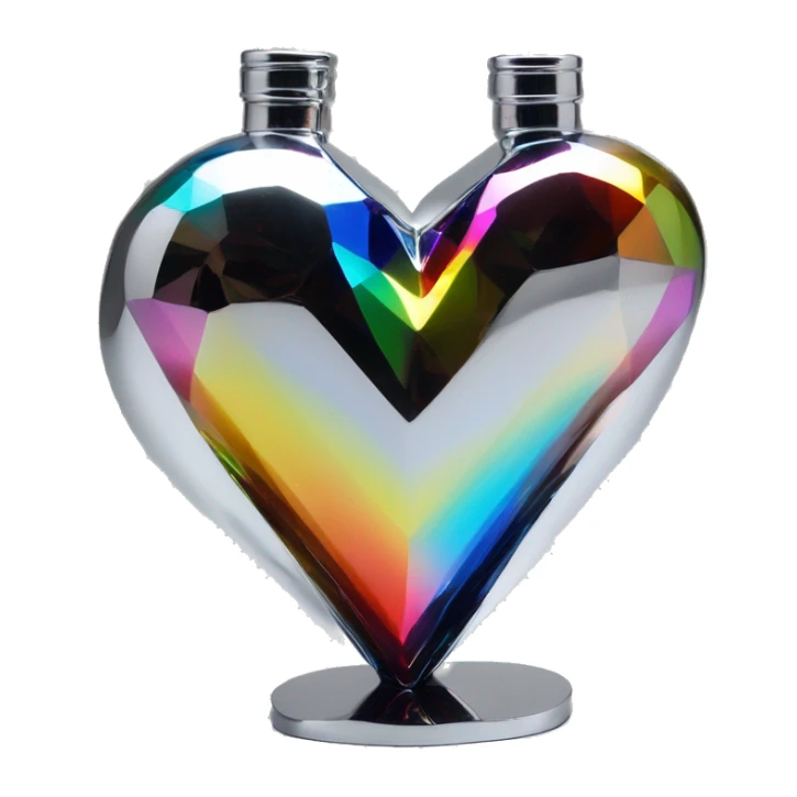 symbolic heart chrome sculpture symbolizing chromatic light with a geometric, faceted design. The bottle is standing upright with angular and baroque features. The vibrant rainbow of colors highlights the sharp edges and planes.  sticker