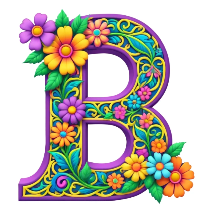 3D, gothic style psychedelic colored Letter S with hippie style flower border sticker