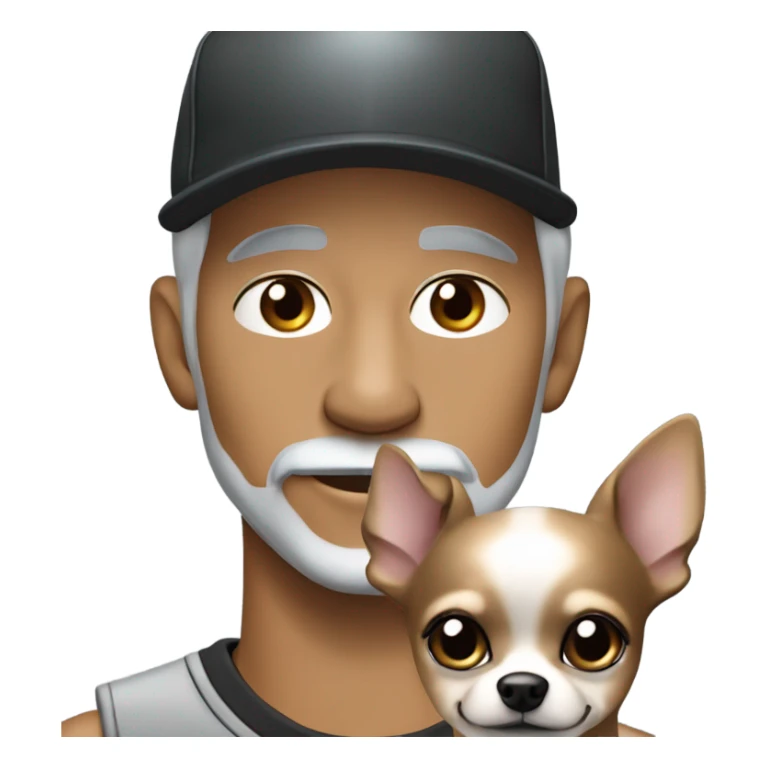 Man with blue eyes grey hair and grey goatee wearing ball cap holding black long haired chihuahua sticker