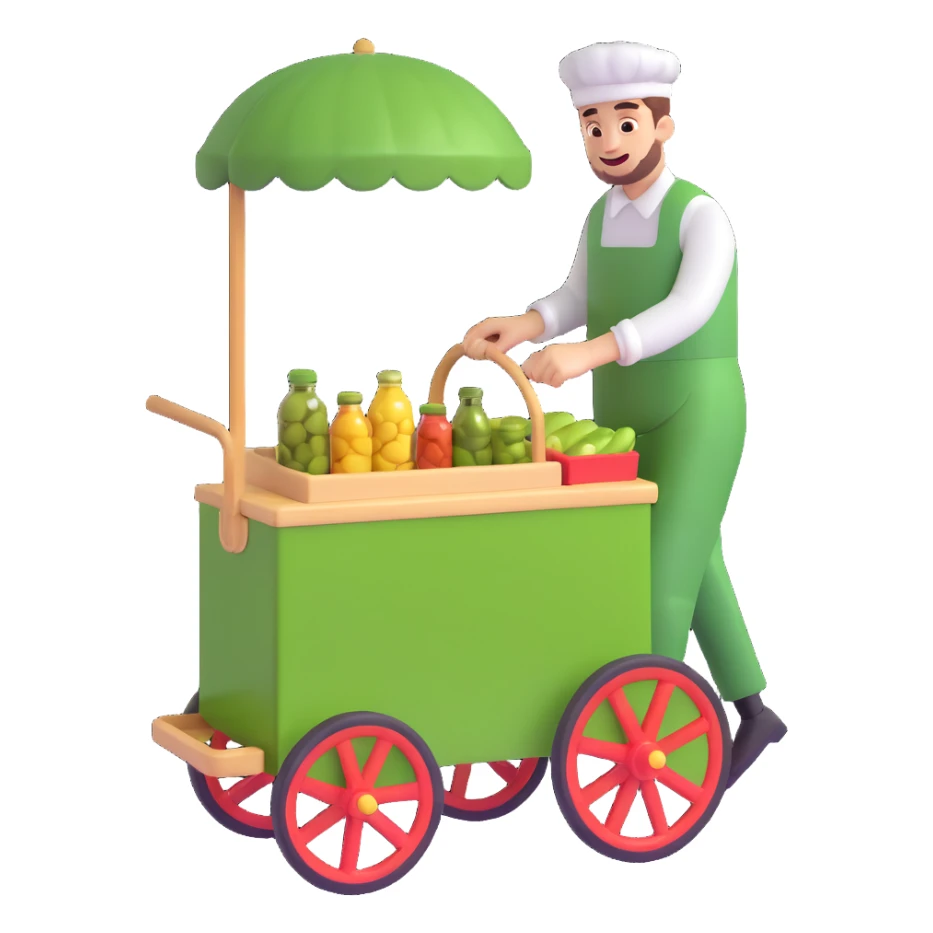 a man with a vintage pickle cart, 3D emoji style sticker