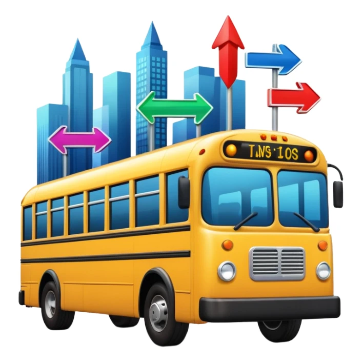 a sleek bus viewed from an angle with three colorful arrow signs pointing to city icons, colorful Apple-style emoji look sticker