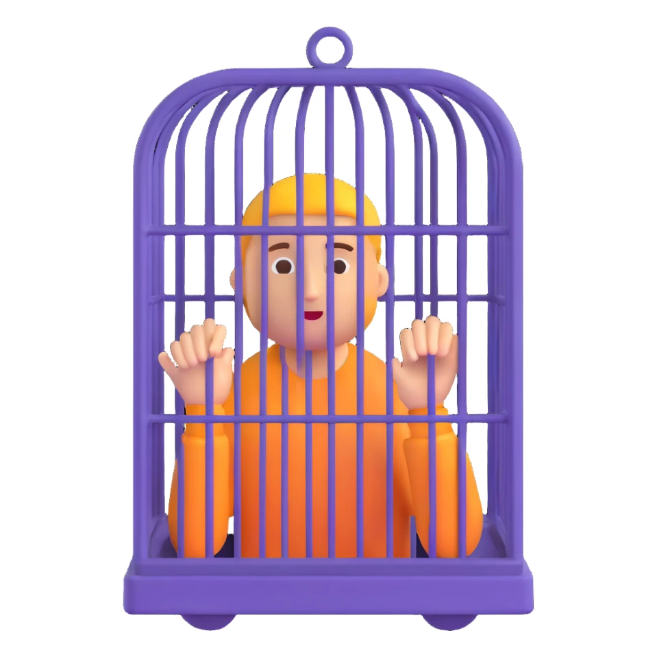 a person inside a cage with several spectators watching, 3D emoji style sticker