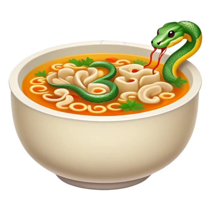 Cantonese snake soup in special double-walled bowl, simplified emoji style with bold outlines and bright colors, cartoon style exotic delicacy with herb decorations sticker