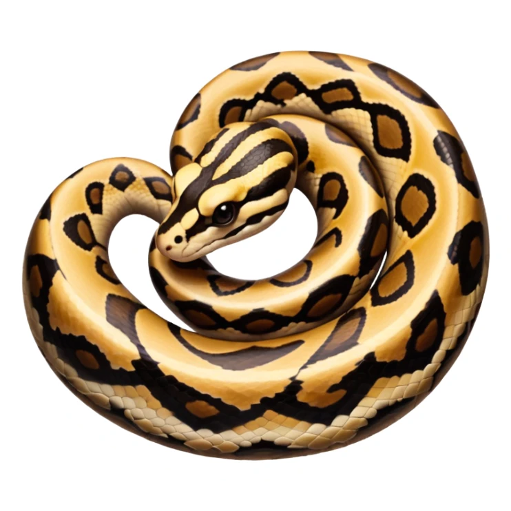 A photo-realistic top-down view of a Ball Python gently coiled into a tight spiral, with its head resting peacefully at the center. Its scales are warm brown with bold, irregular black markings, including the distinctive “alien-head” pattern, flowing smoothly along its body.  sticker