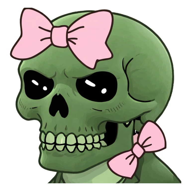 A skull emoji with light pink Bow on side of head  sticker