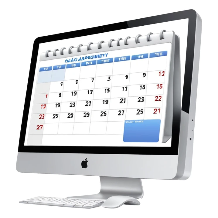 front-facing iMac displaying a day view calendar with time slots and several booked appointments sticker