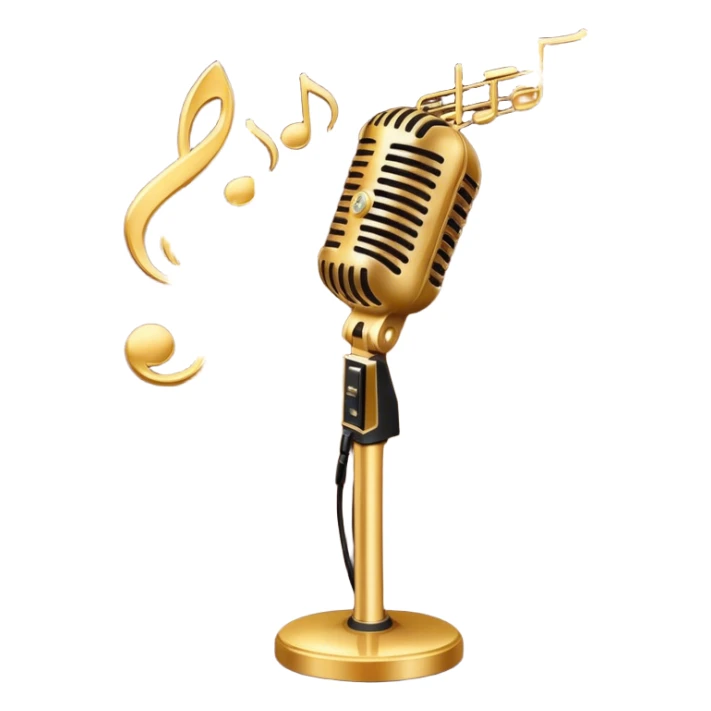 Create a sophisticated and smooth emoji representing jazz vocal performance. The design should feature a stylized microphone, with musical notes swirling around it to convey the fluid, improvisational nature of jazz. Add subtle elements like a vintage microphone stand or a hint of a singer’s silhouette in the background to reflect the live, intimate feel of jazz performance. Use deep, rich colors like gold, black, and burgundy to evoke the classic, smooth vibes of jazz. The background should be transparent. sticker