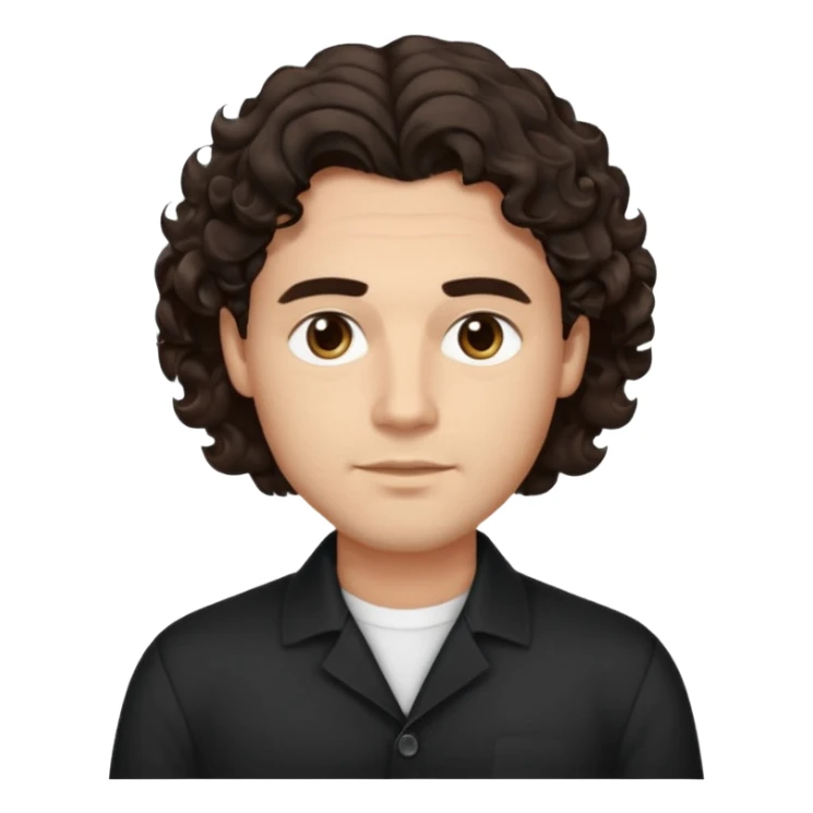 He’s a man with light to medium skin, a defined oval face, full brows, deep-set eyes, and voluminous wavy to curly dark brown hair styled with height. expression calm and focused relaxed black open-collar shirt.polished, articulate, and professional vibe. sticker