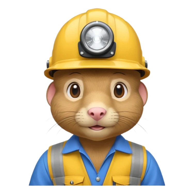 a mole rat, blue helmet, headlamp, yellow worker cloth sticker