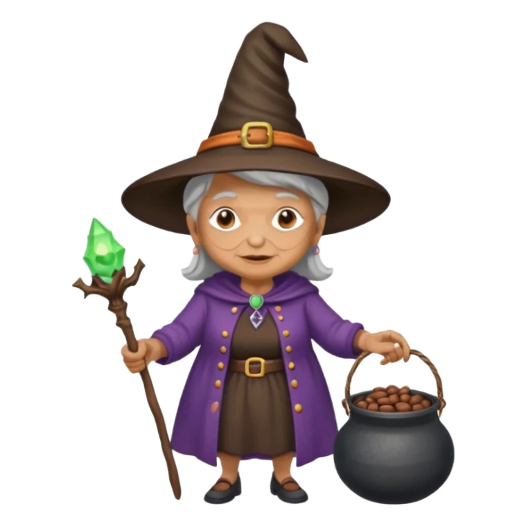 A grandma walking with a magic wand and a cauldron while holding a can of beans sticker
