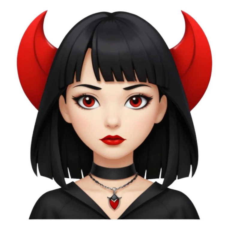 mulher cabelos pretos longos e lisos com uma franja curta acima dos olhos, olhos pretos com delineado, expressão séria, com um sorriso sensual e lábios vermelhos, ela usa uma gargantilha preta com um pequeno pingente de morcego preto e roupa com decote nos seios sticker