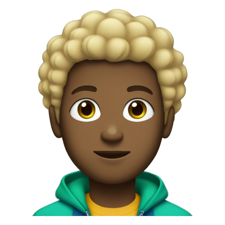 Black boy with blonde afro, green eyes, blue backwards cap, and green jacket with oversized zipper sticker