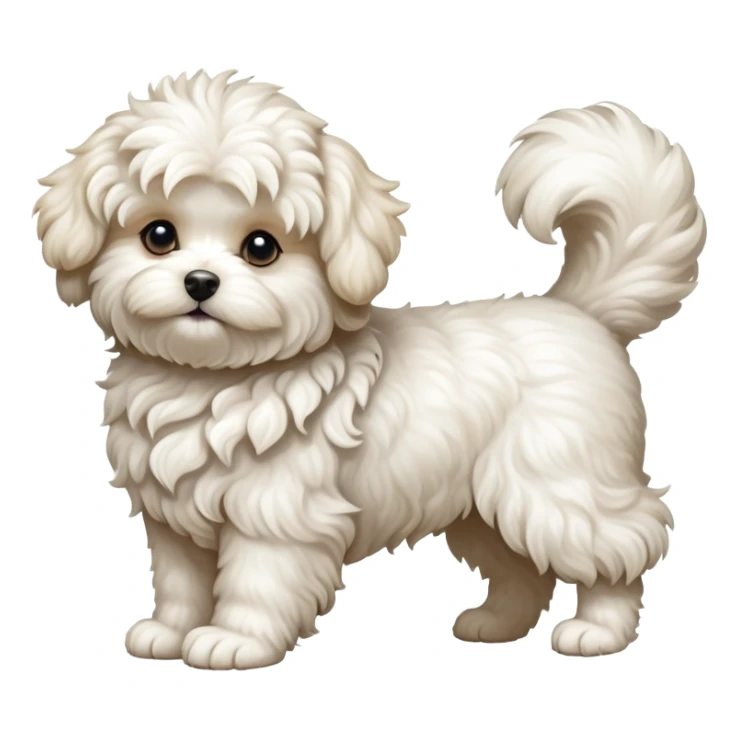 detailed-[curly haired maltese-dog]-realistic-full-body-sitting-emoji,-tail-resting-loosely-beside-its-paws,-head-tilted-dramatically,--wavy-[cream-white]-fur,-simplified-yet-realistic-focused-features,-highly-detailed,-glowing-with-an-almost-sarcastic sticker