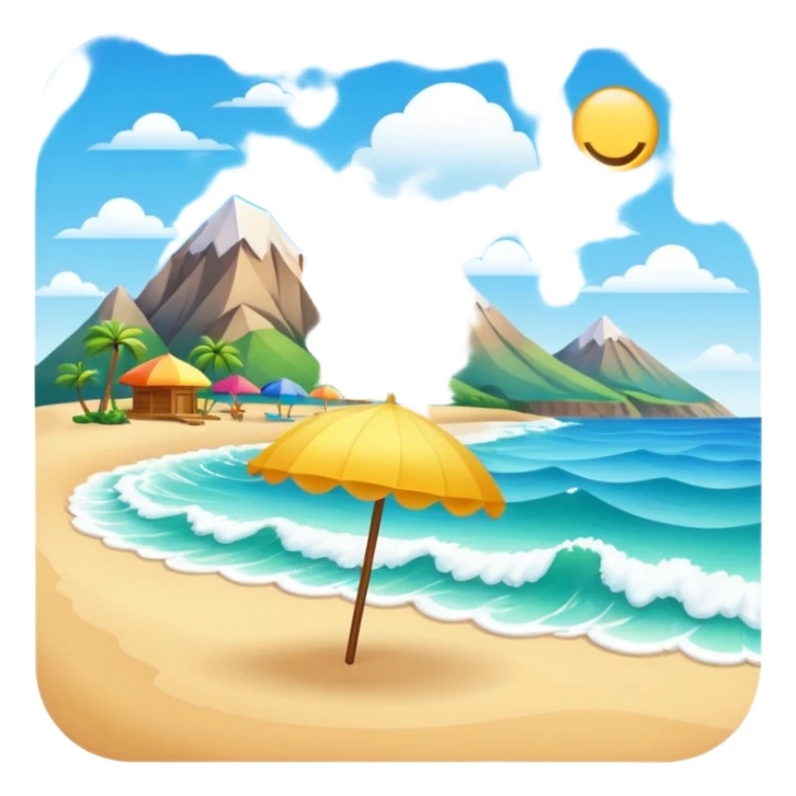 vibrant emoji beach with parasol, wave behind, eco-habitat, mountain range in distance sticker
