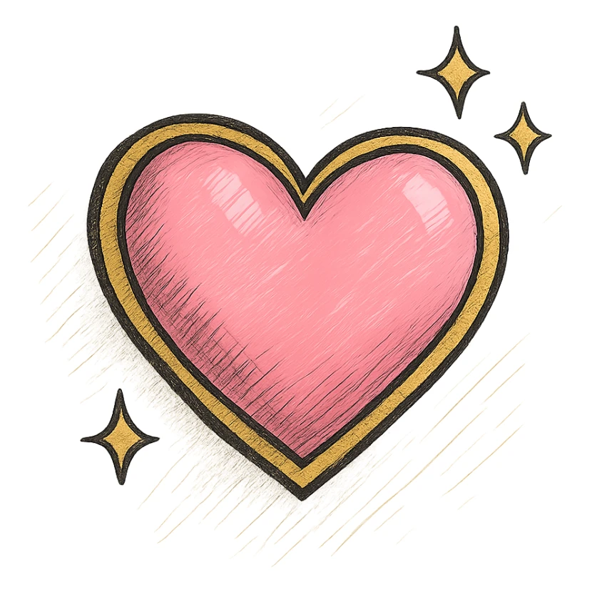Add a realistic drop shadow to the 3D large pink heart with sparkles and gold outline, keeping the hand drawn black outline style, on a white clean background. sticker