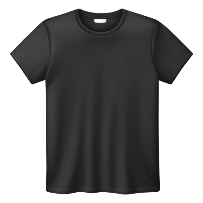 simple black t-shirt with round neck, flat layout, only the garment itself, no human form, plain clothing item on white background sticker