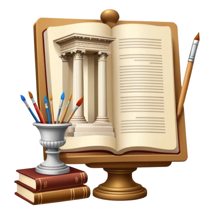 An icon featuring a paint palette, a sculpture, and a book, symbolizing the study of culture and art. The design includes a classical column and a canvas, representing art history and cultural exploration. Transparent background highlights the connection between creativity and history. sticker