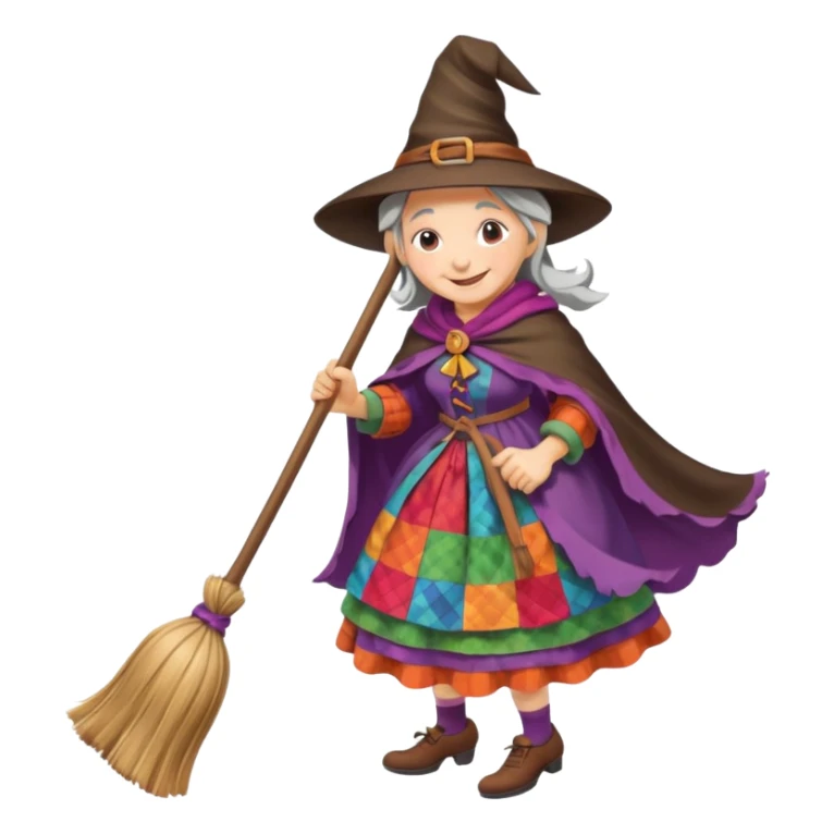 Befana flying on a broomstick: friendly old witch with a warm smile, big nose, rosy cheeks, wearing a colorful patchwork dress and shawl, riding a classic wooden broom. sticker