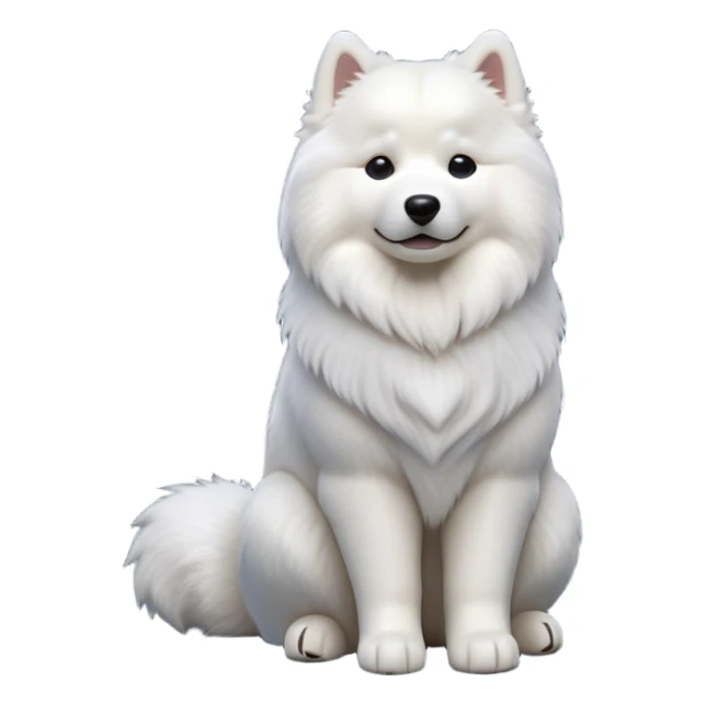 cinematic-[samoyed]-realistic-full-body-sitting-emoji,-tail-resting-loosely-beside-its-paws,-head-tilted-dramatically, -fluffy-[white]-fur,-simplified-yet-realistic-focused-features,-highly-detailed,-glowing-with-an-almost-sarcastic-glow sticker