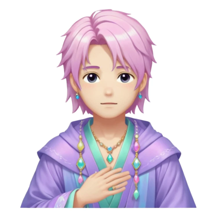 Beautiful gorgeous romantic blushing youthful handsome anime guy with beautiful iridescent-pastel-whitish-special-gently-tousled-medium-long-hair, fashion aesthetic, ethereal, fairycore, pastelcore, layered robes, accessories, jewelries, colorful, shiny, trending style, outside sticker