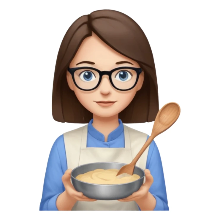 Me baking, brown shoulder hair, thin black glasses, blue eyes sticker