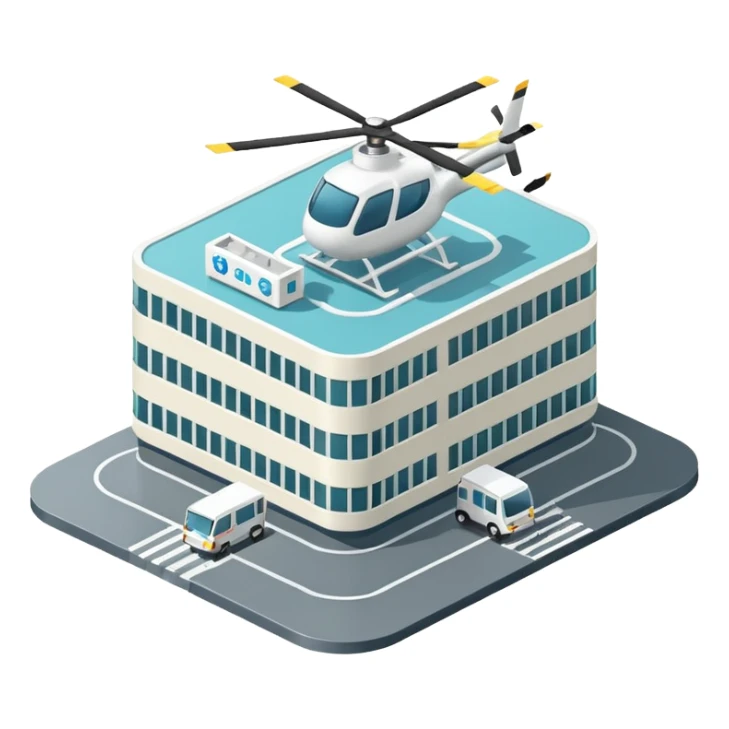 hospital isometric view building with heliport sticker