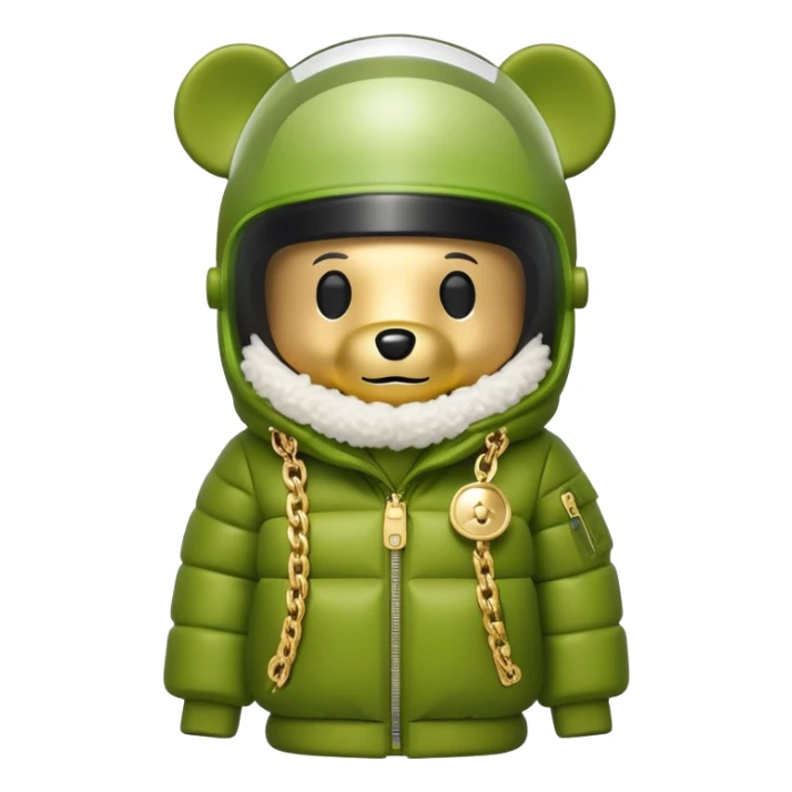 bearbrick toy with lime balaclava tagged with logos, wearing oversized monolens ski-type visor shield covering eyes as one continuous piece, puffer jacket with fur, gold chains sticker