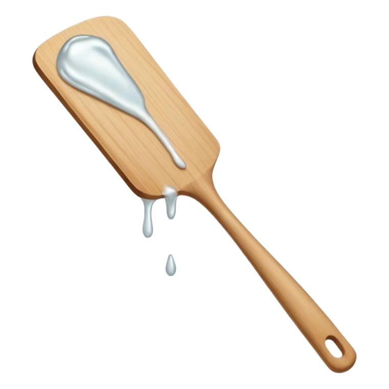 a close-up, minimalist shot of a viscous, pearly substance slowly dripping from a wooden spatula against a neutral gray background. sticker