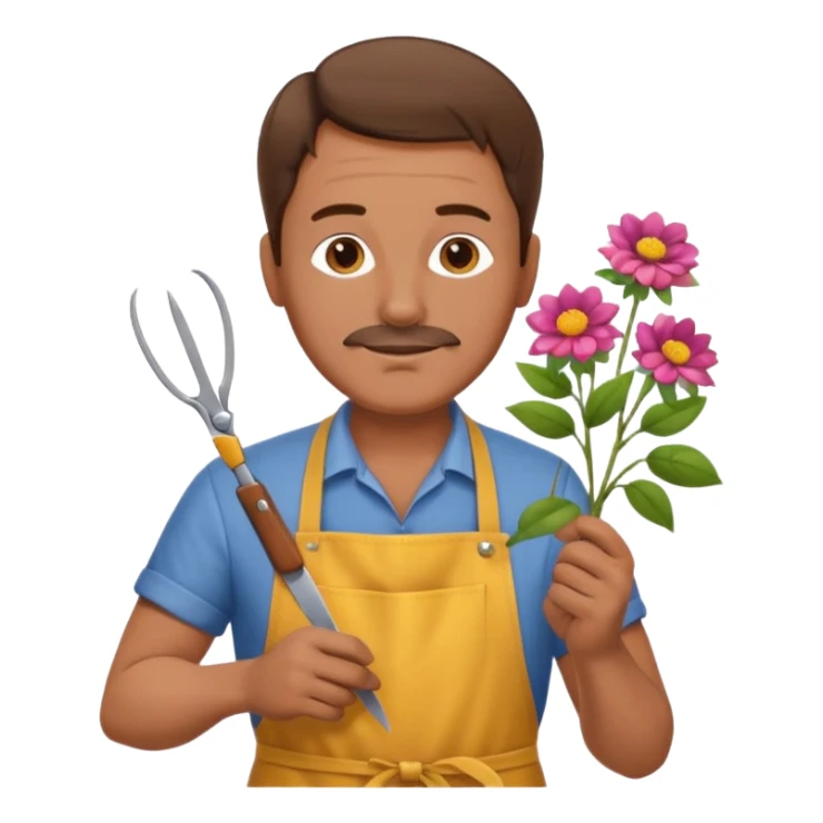 Middle-aged male florist – apron on, trimming stems with scissors sticker