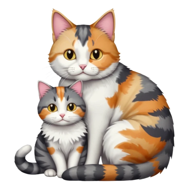full body colourful light patched calico + white tabby cat cuddling a bigger cat that is dark grey and white tabby cat  and they are in love sticker