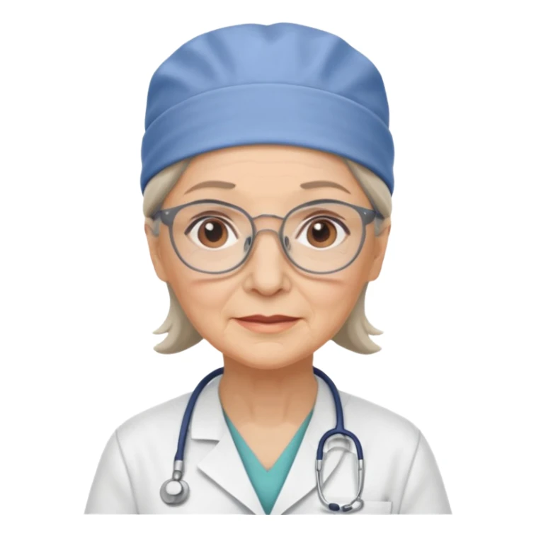 older woman doctor with scrub cap no smile sticker