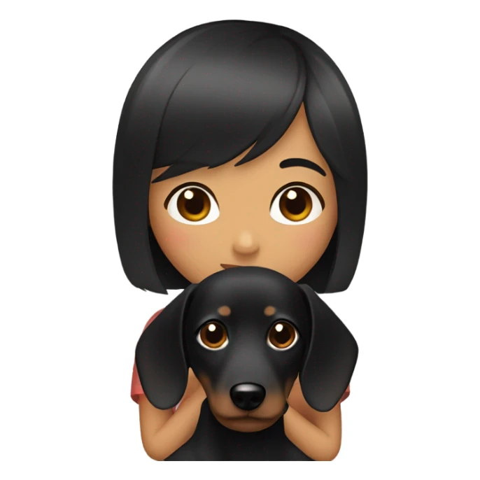 Asian woman with black bob bangs hugging black dachshund sticker