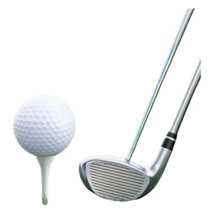 A golf ball on a tee, with a golf club placed beside it on the lush green fairway. The background shows a serene golf course with neatly trimmed grass and a clear blue sky, emphasizing the elegance and precision of the game. sticker