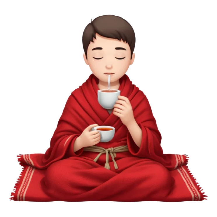 A European boy is sitting wrapped in a red blanket, drinking tea with his eyes closed. sticker