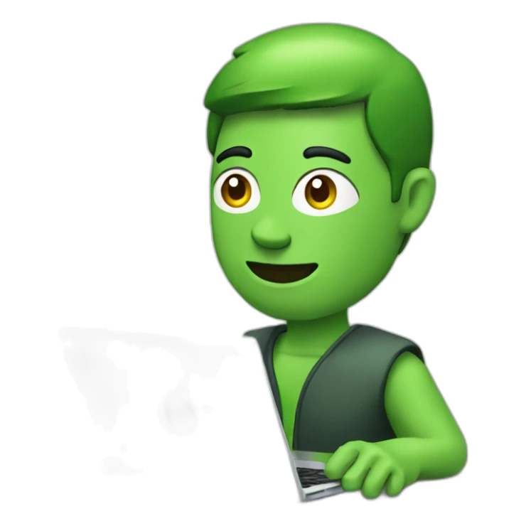 man, with a laptop, green stone logo on the laptop sticker