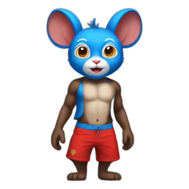 blue rabbit monkey with no shirt but red shorts and with a monkey tail sticker