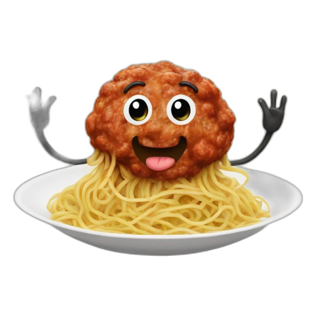 Spaghetti and meatballs with a face, arms and legs, doing something random sticker