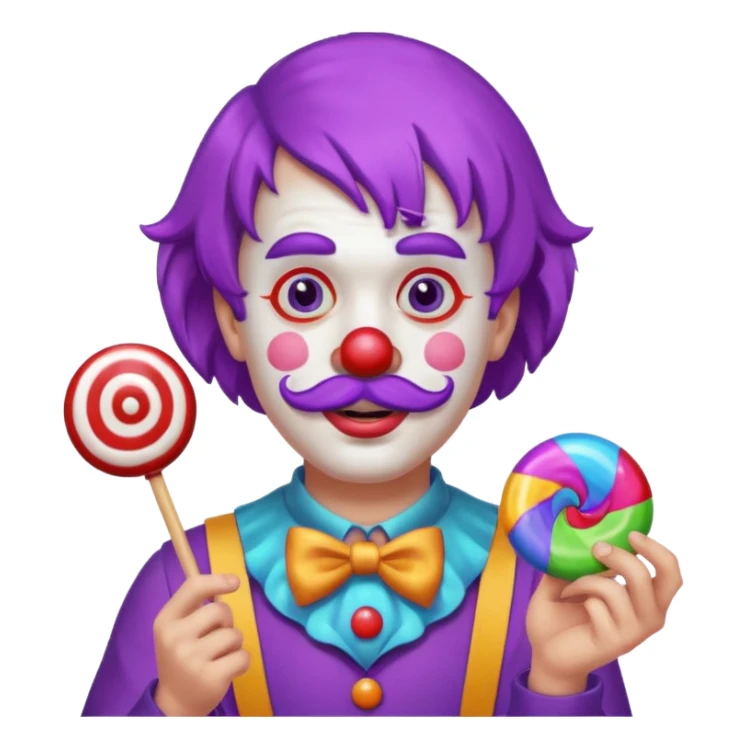 Funny clown — purple wig, mustache, candy in hand sticker