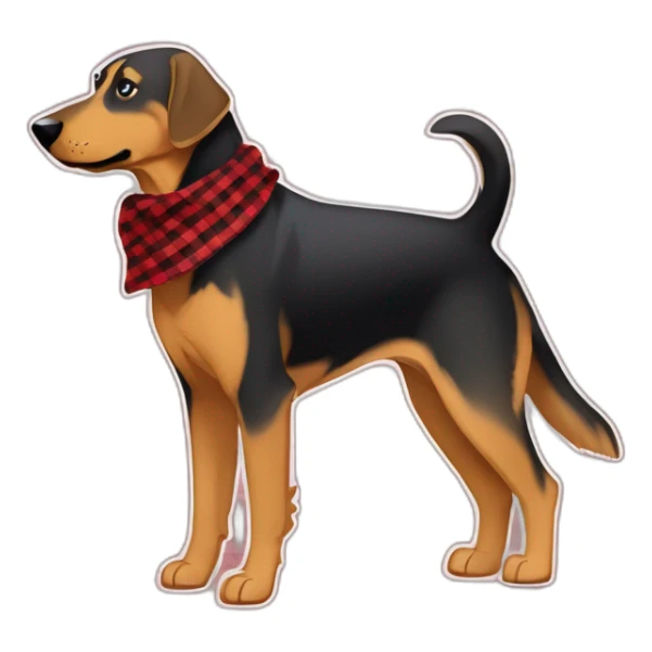 adult 75% Coonhound 25% German Shepherd mix dog with visible tail wearing small pointed red buffalo plaid bandana full body walking left quickly sticker