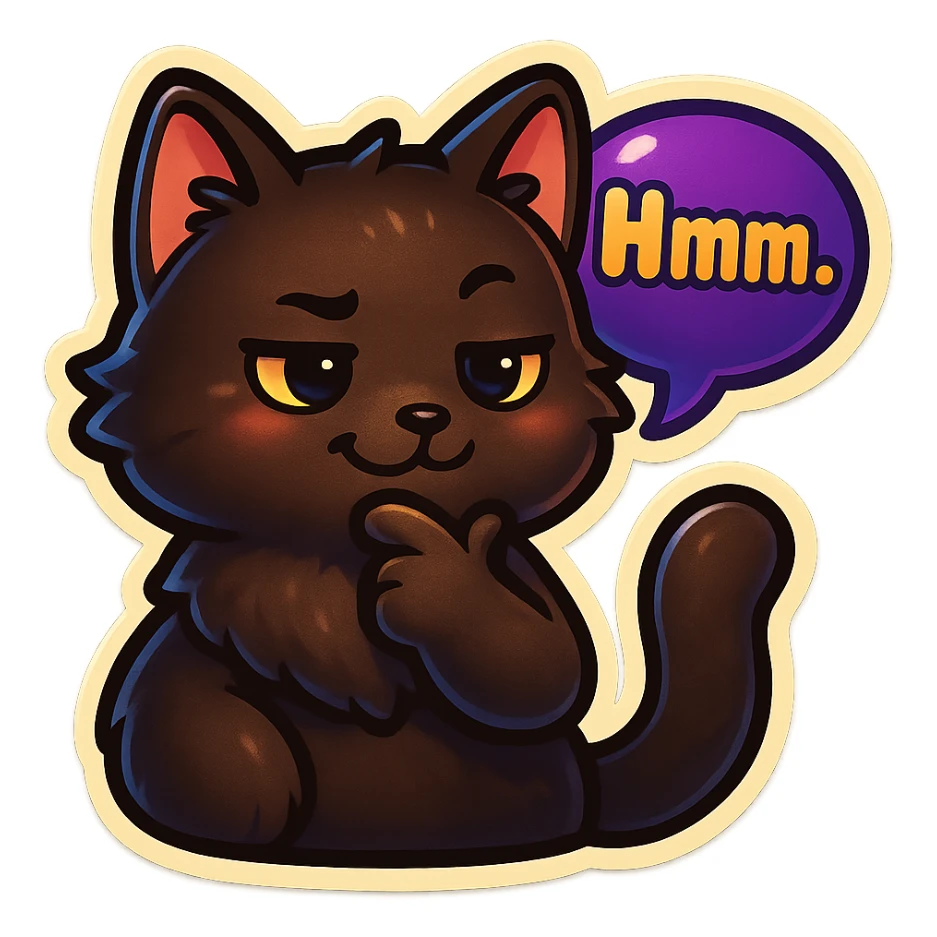 a dark-brown fluffy cute kawaii anime cat thinking smirking thoughtfully, saying “Hmm..” with a purple speech bubble sticker