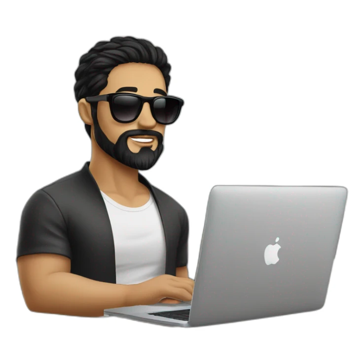 Designer with black hair, beard and round sunglasses working with MacBook and drinking cappuccino  sticker