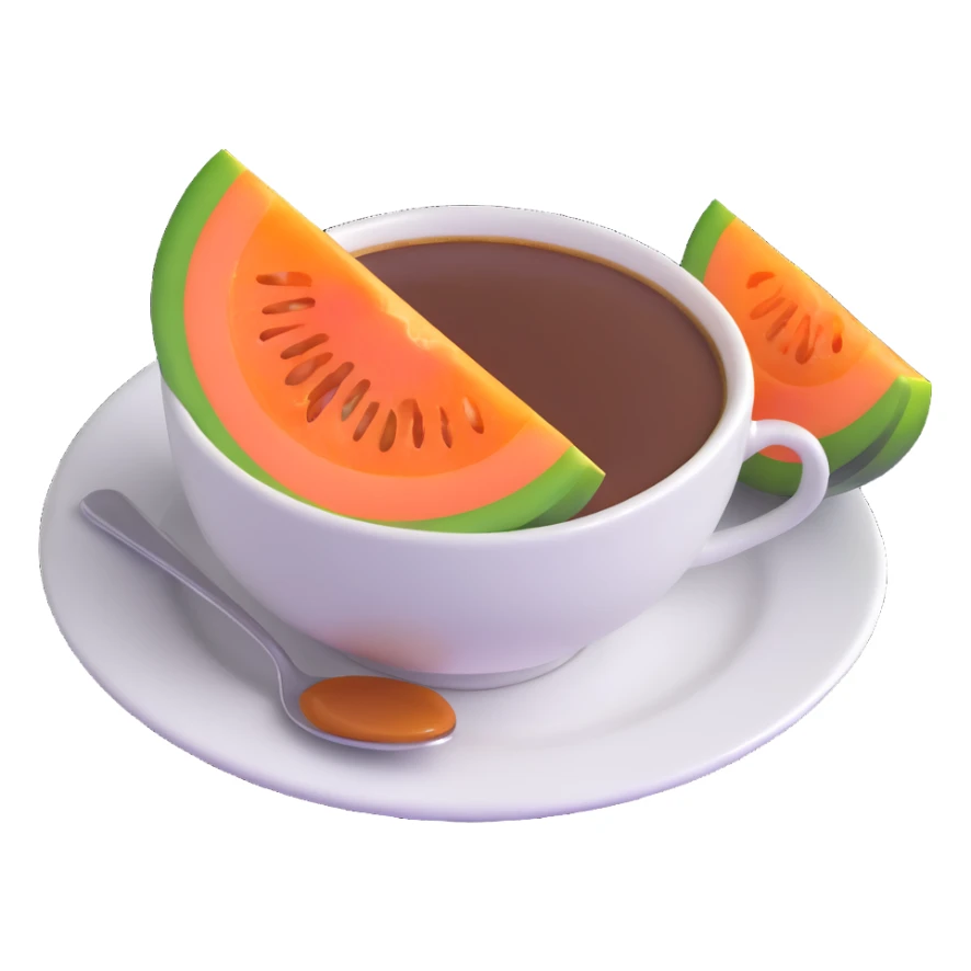 carajillo in an espresso cup with a slice of cantaloupe melon beside it sticker