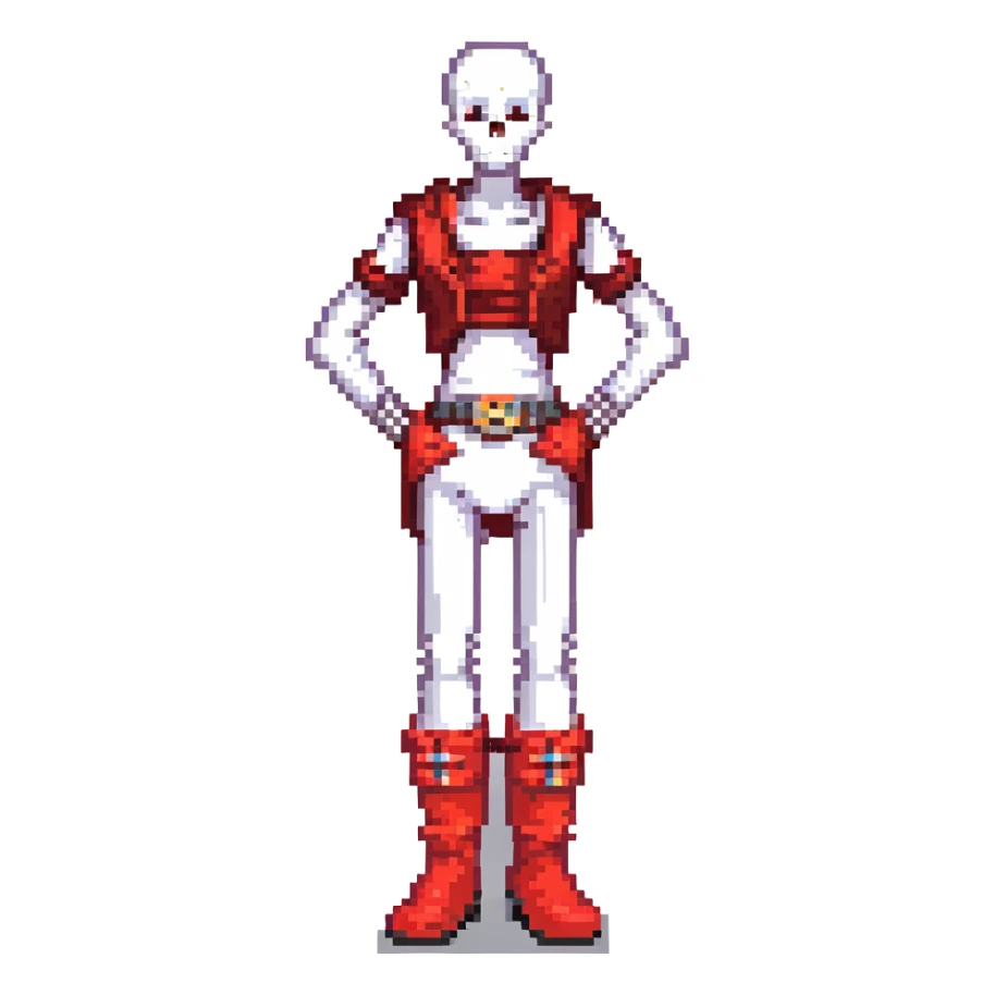pixel art of Papyrus from Undertale, smiling, hands on hips, red boots and gloves sticker