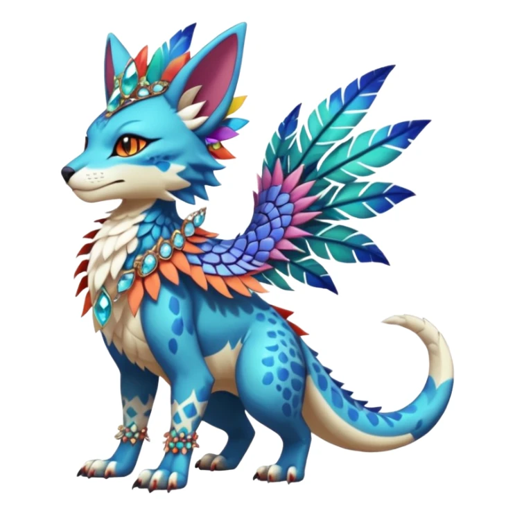 Kawaii cute colorful warm-colored exotic tropical beautiful pretty elegant divine edgy feline-vernid-sergal-Fakémon-Pokémon-fursona-animal-creature with accessories, jewelries, full body, with intricate detailed markings, feathers, crystals, fins, scales, headdress sticker