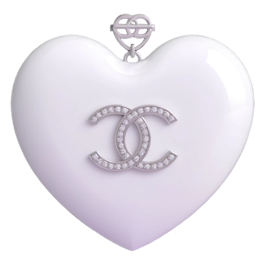 Change the glossy black heart to glossy white, keep the diamond accent and silver Chanel logo, elegant, white and silver color scheme, 3D emoji style, keep the background transparent. sticker